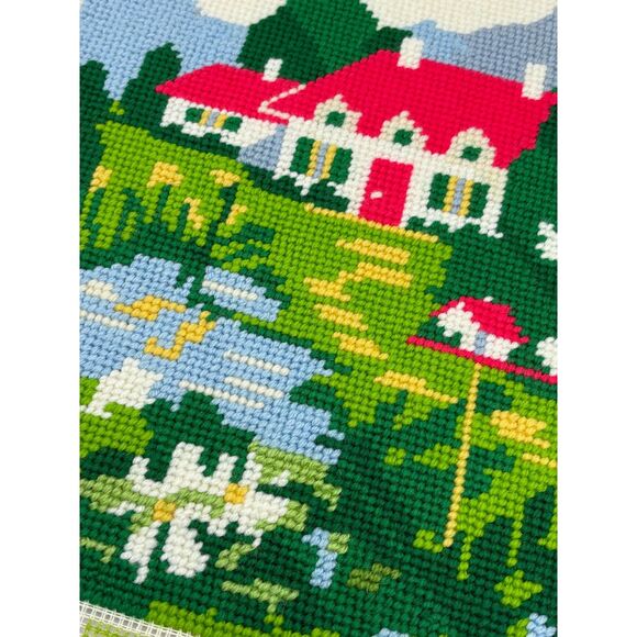 Vintage Unframed Needlepoint Country Scene Red White House 70s - Picture 1 of 5
